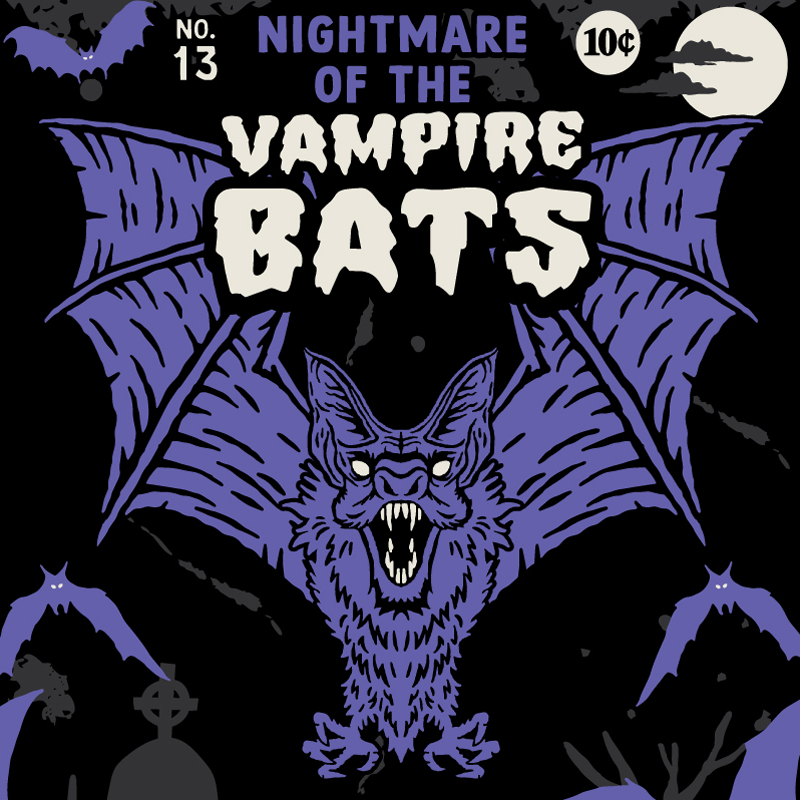 A pair of socks depicting a scary looking vampire bat. Blue toes, cuff and heel.