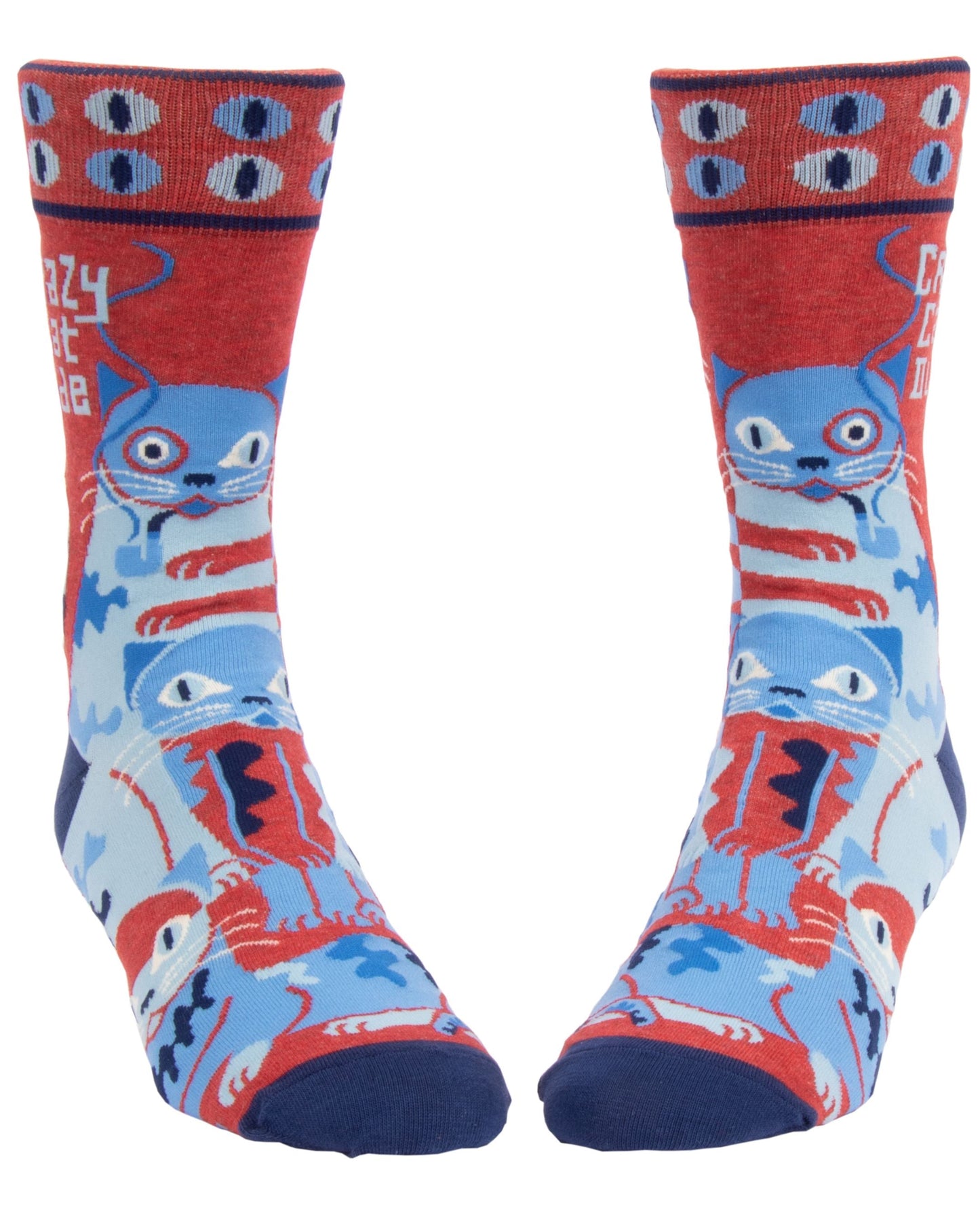 A pair of socks depicting a crazy sock dude. Red legs, blue, heel, toe and cuff.
