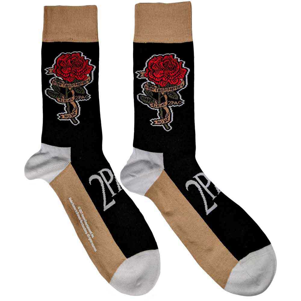 Tupac Rose Socks. A pair of socks featuring the tupac rose design. Black and brown legs. White heel and toe. 