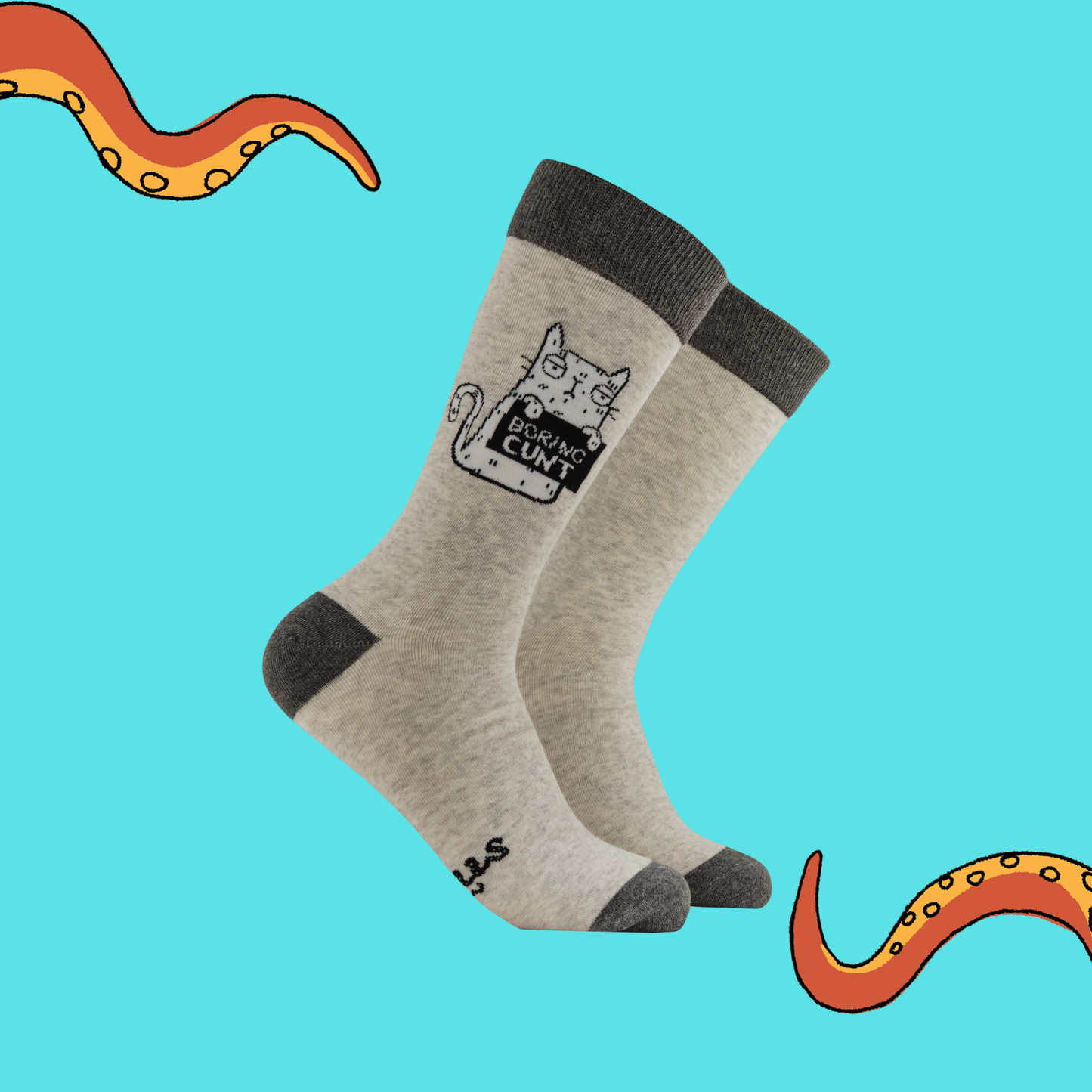 Gray socks with black accents and a cat graphic on a blue background with cartoon octopus tentacles.