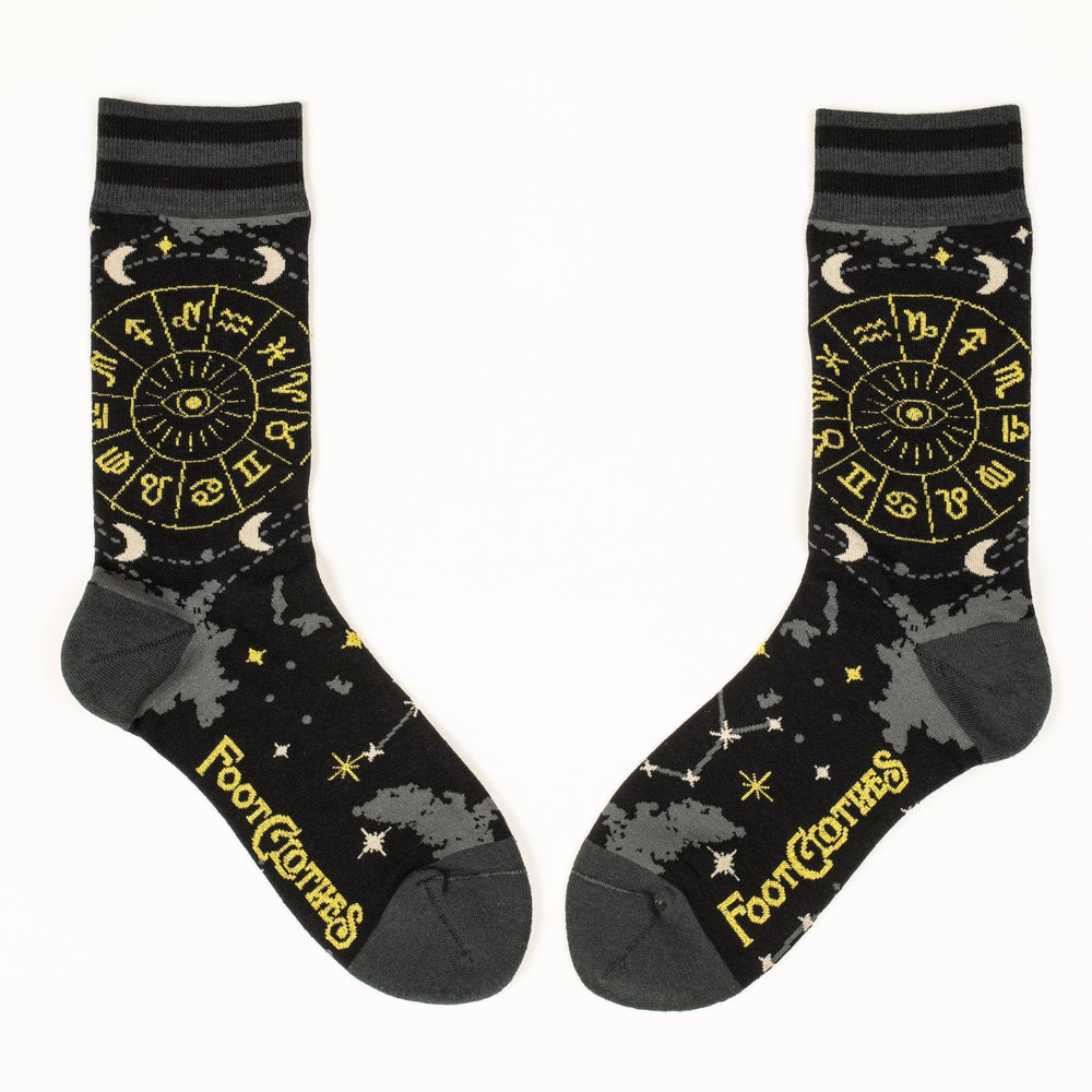 
                      
                         A pair of socks featuring astrology symbols. Black legs, grey heel, toe and cuff. 
                      
                    