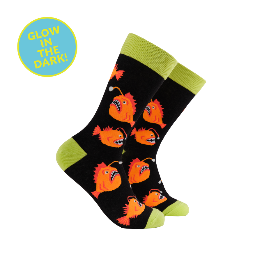 Angler Fish Socks - Ankler Fish. A pair of socks with an angler fish motif. Black legs, yellow heel toe and cuff