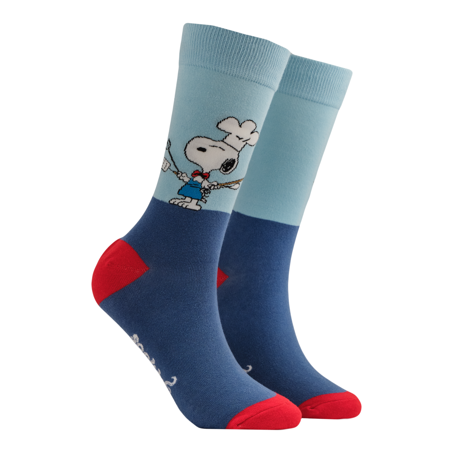 Pair of socks with Snoopy on a light blue background. 