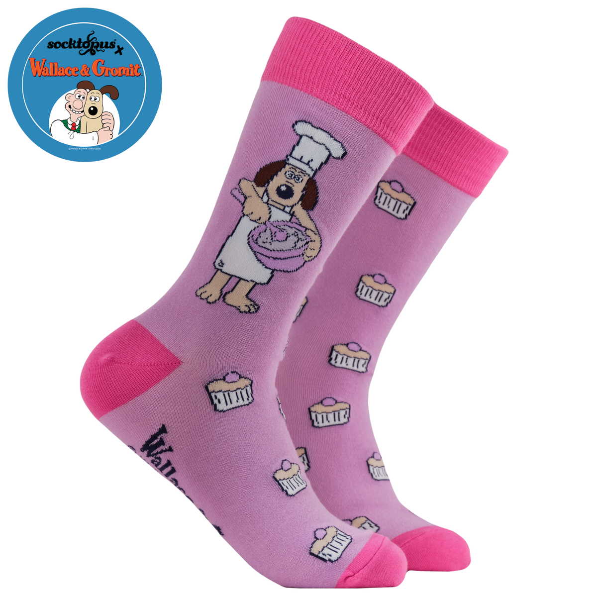 Baking Gromit Socks - Socktopus X Wallace & Gromit. A pair of pink socks featuring Gromit baking.