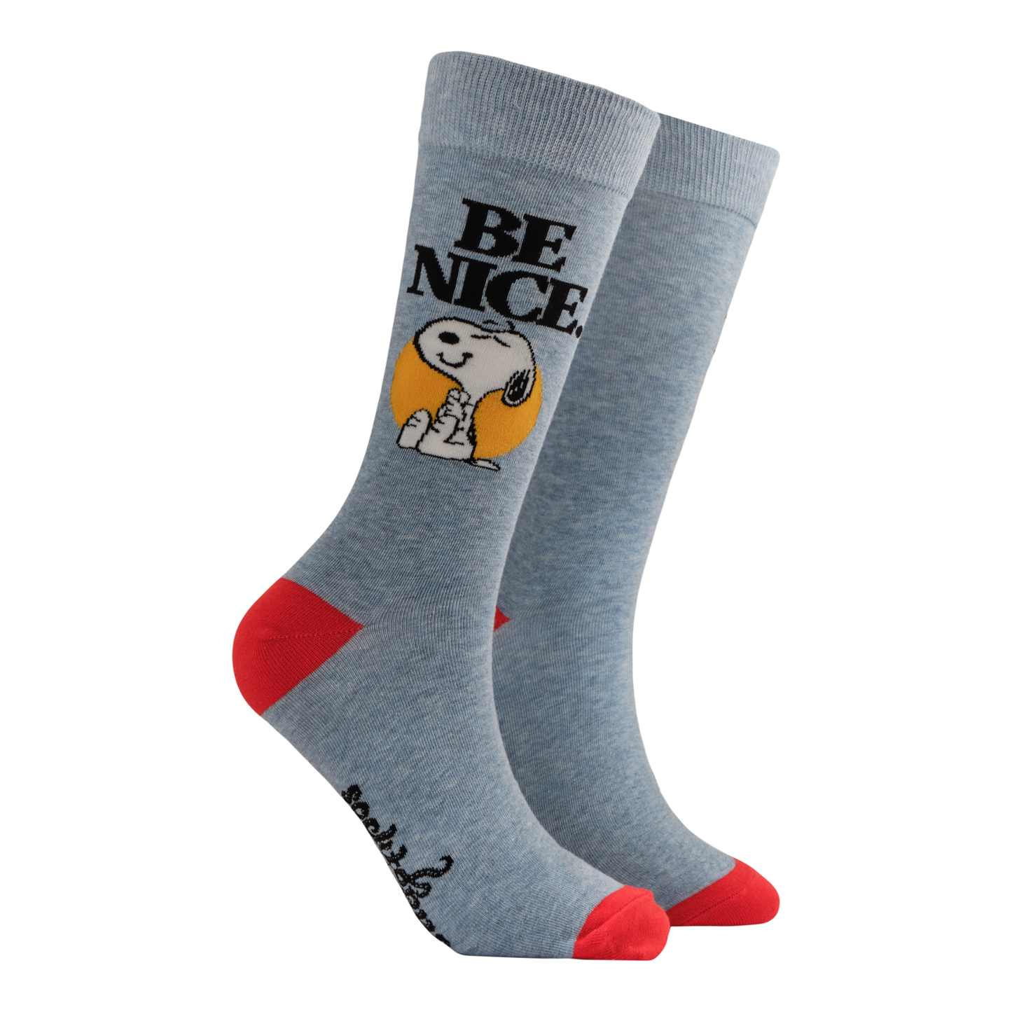 Grey socks with red toes and 'Be Nice' text and classic snoopy deign. 