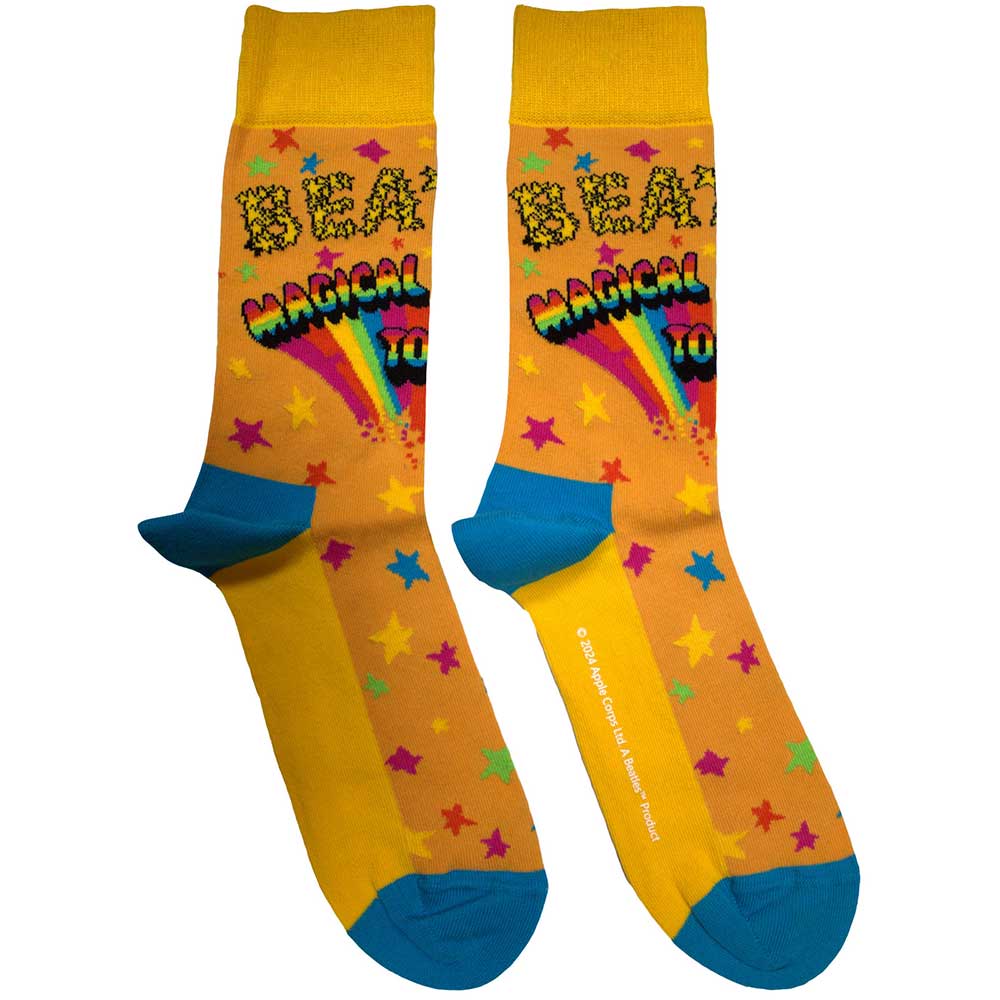 The Beatles Magical Mystery Tour Socks. A pair of socks celebrating The magical Mystery Tour. Yellow and blue legs, cuff, heel and toe and a psychedelic pattern. 
