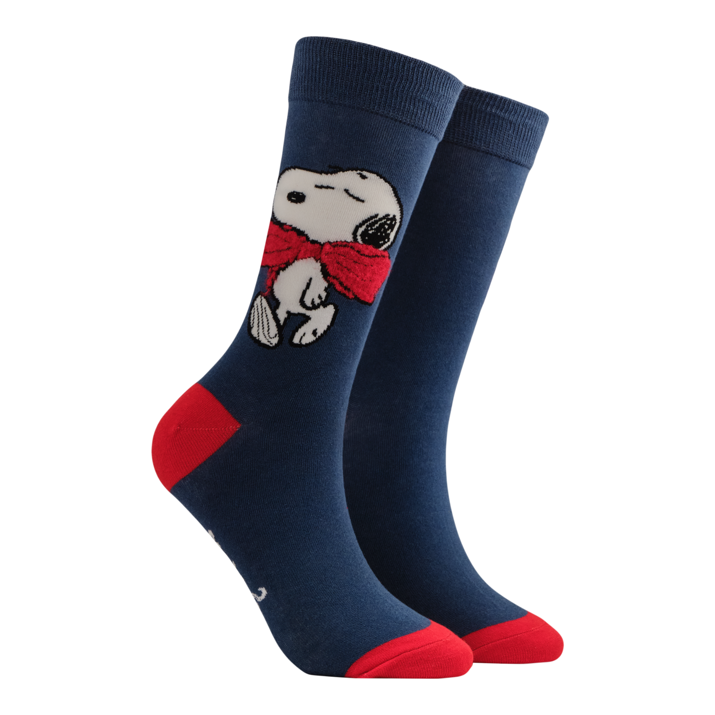 Navy blue socks with snoopy wearing a red bow tie. 