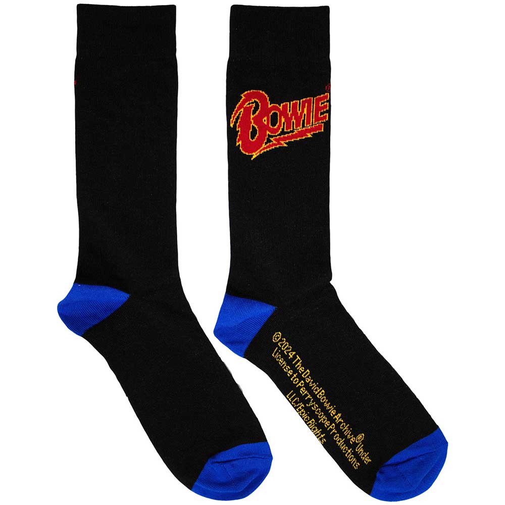 David Bowie Blue Contrast Socks. A pair of socks with a 70s Bowie logo in red. Black legs, blue heel and toe. 