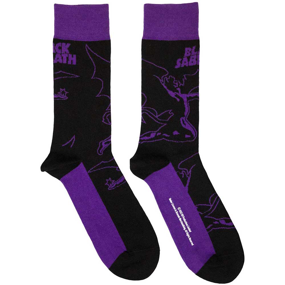 Black Sabbath Logo and Demon Socks. A pair of socks featuring the black sabbath logo and a demon. Black legs, purple cuff. 