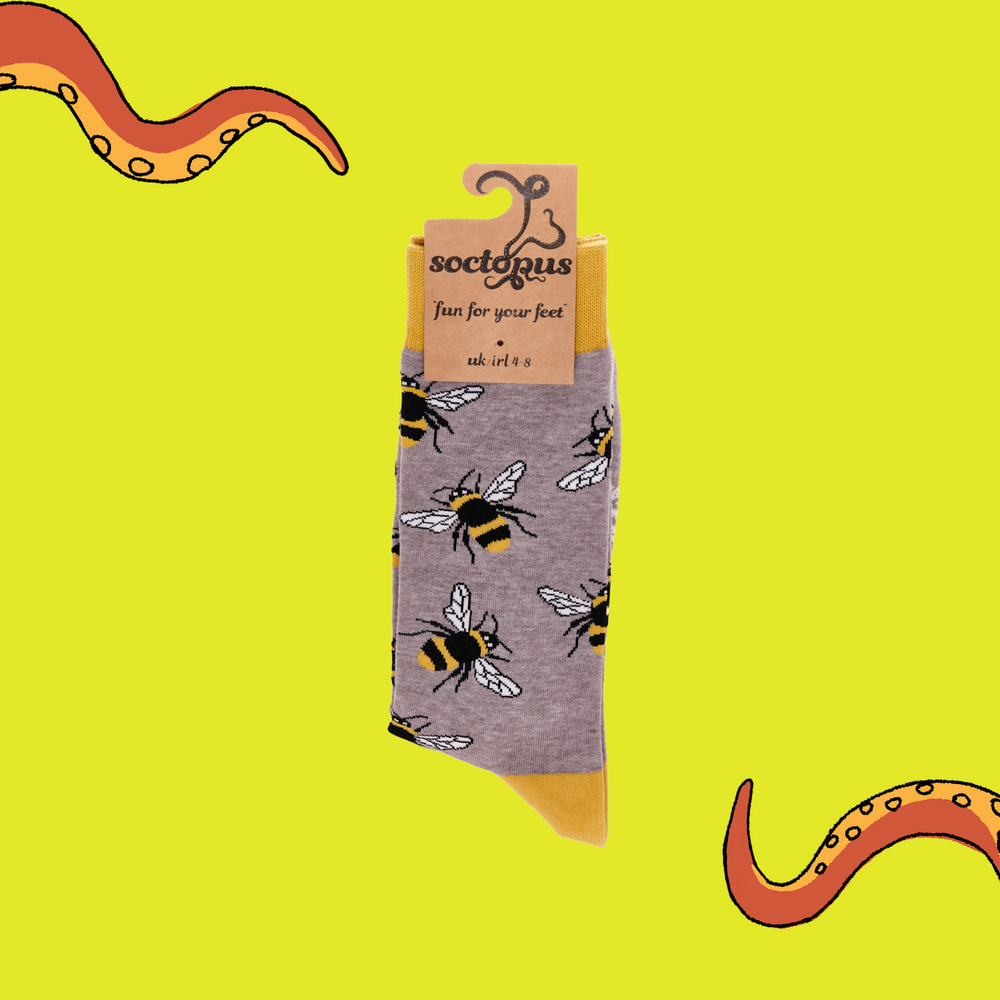 
                      
                        A pair of socks depicting Bees. Grey legs, yellow cuff, heel and toe. In Soctopus Packaging.
                      
                    