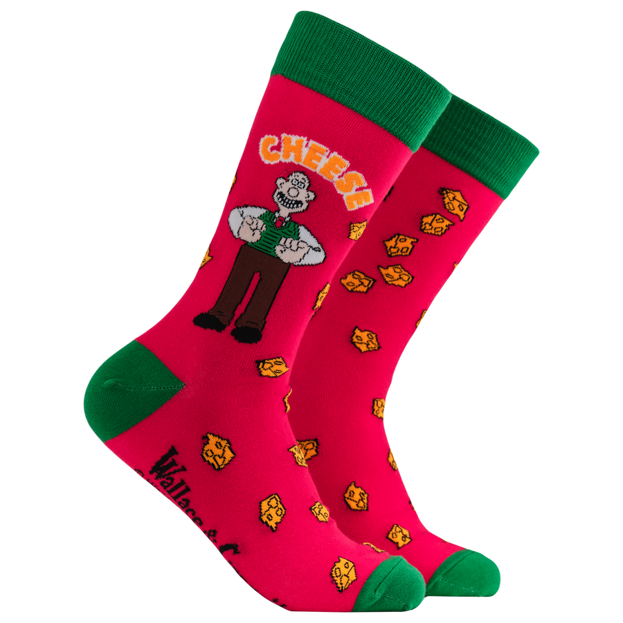Wallace Cheese Socks - Socktopus X Wallace & Gromit. A fun pair of red socks with green heel, toe and cuff. 