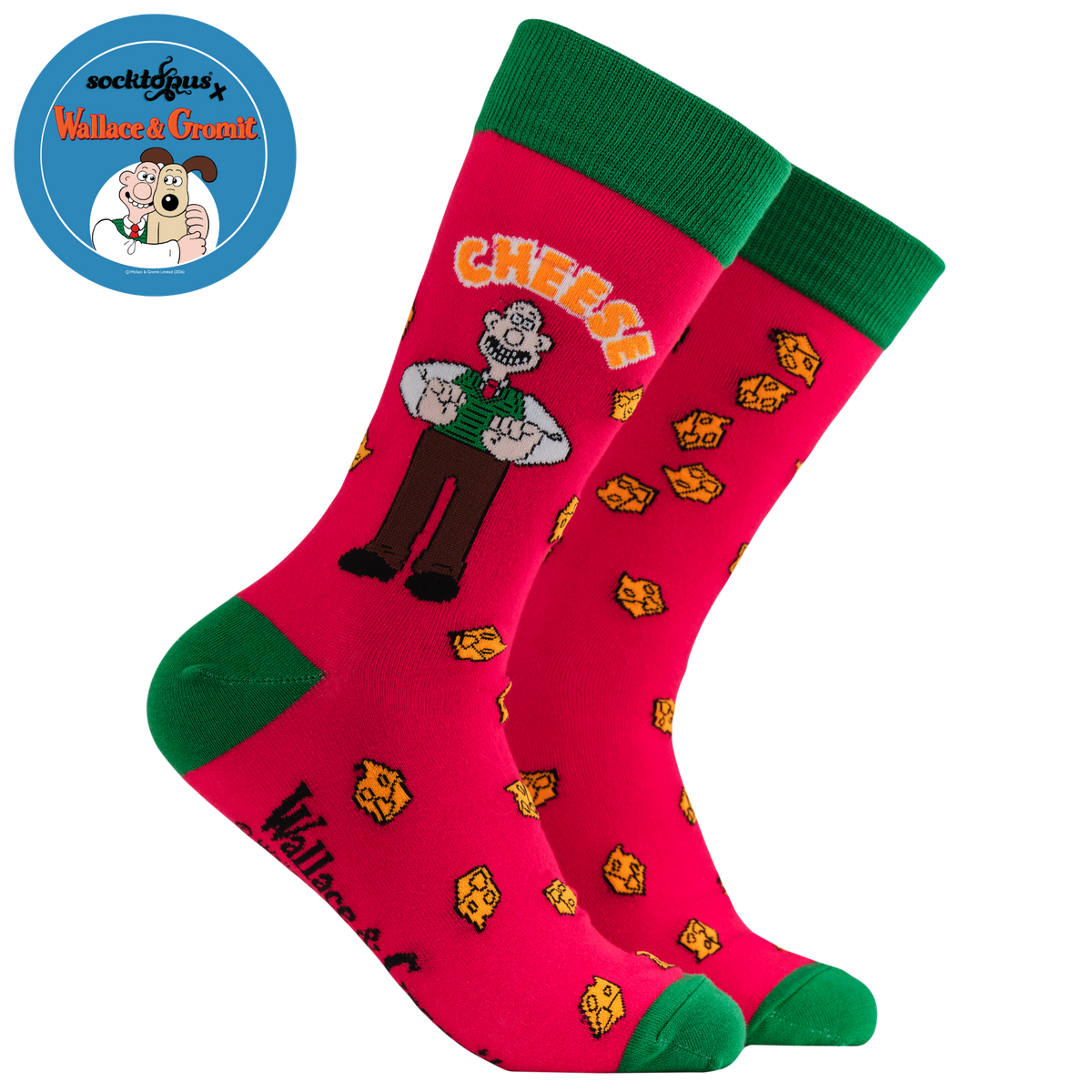 Wallace Cheese Socks - Socktopus X Wallace & Gromit. A fun pair of red socks with green heel, toe and cuff. 