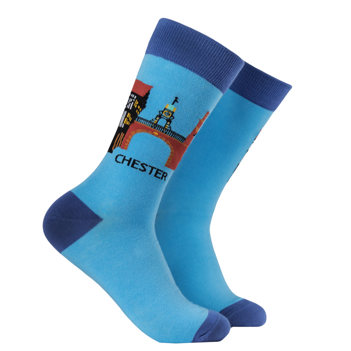 Blue socks with a design of the Chester Eastgate Clock and 'CHESTER' text.