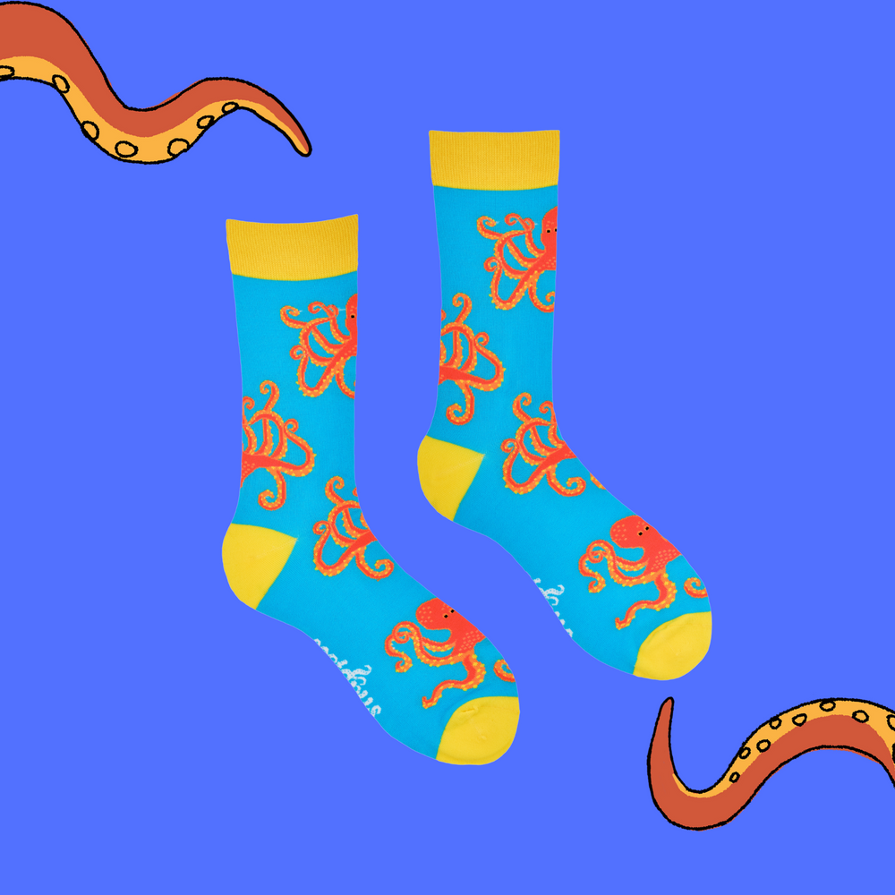 
                      
                        A pair of socks depicting the Socktopus mascot, Captain Socktopus. Blue legs, yellow cuff, heel and toe.
                      
                    
