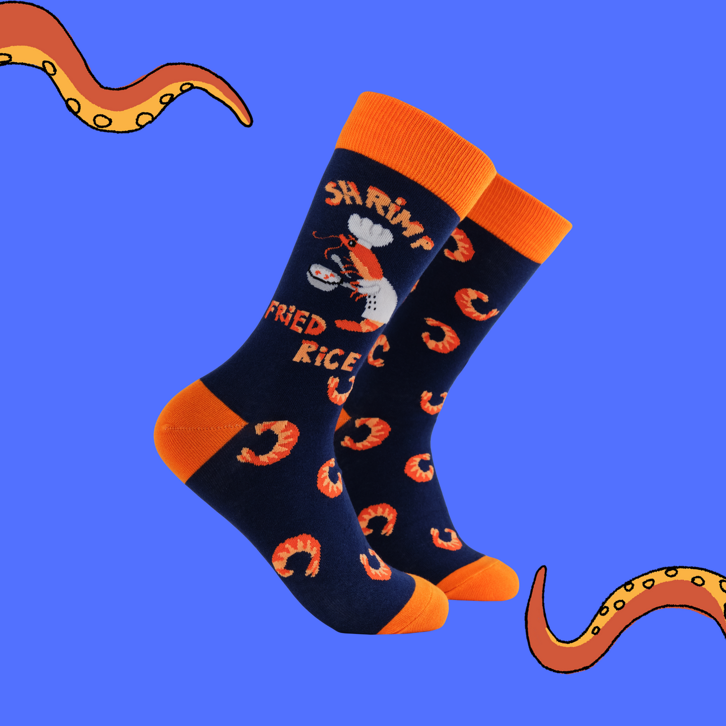 A pair of socks featuring a shrimp dressed as a chef. Dark blue legs, orange heel, toe and cuff. 