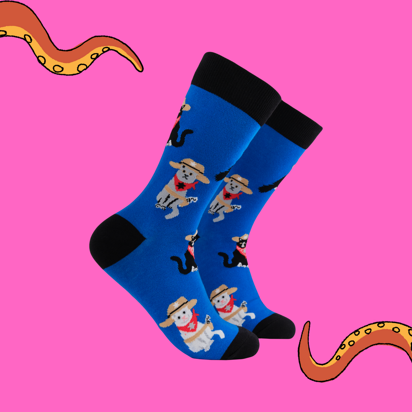 A pair of socks featuring a cat with a sheriff's outfit. Blue legs, black heel, toe and cuff. 