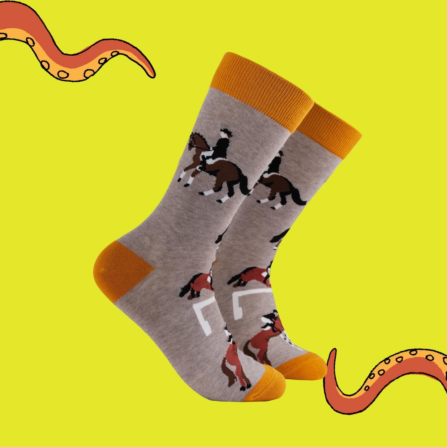 A pair of socks featuring show panies. Grey legs, yellow heel, toe and cuff. 