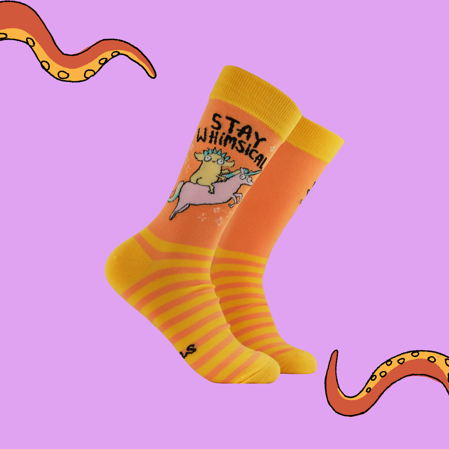 Orange and yellow striped socks with a cartoon design on a purple background