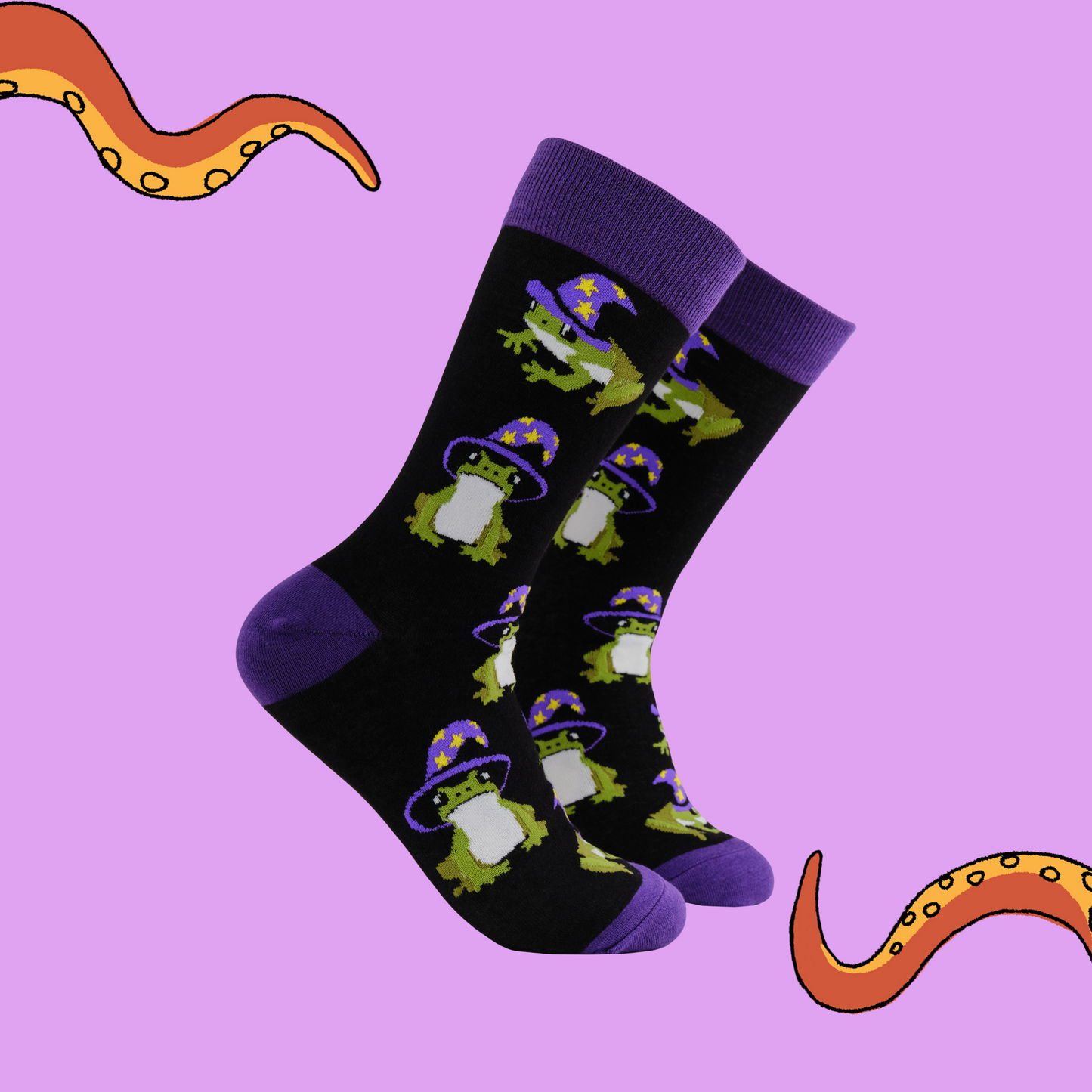 A pair of socks featuring wizard frogs. Black legs, purple heel, toe and cuff. 