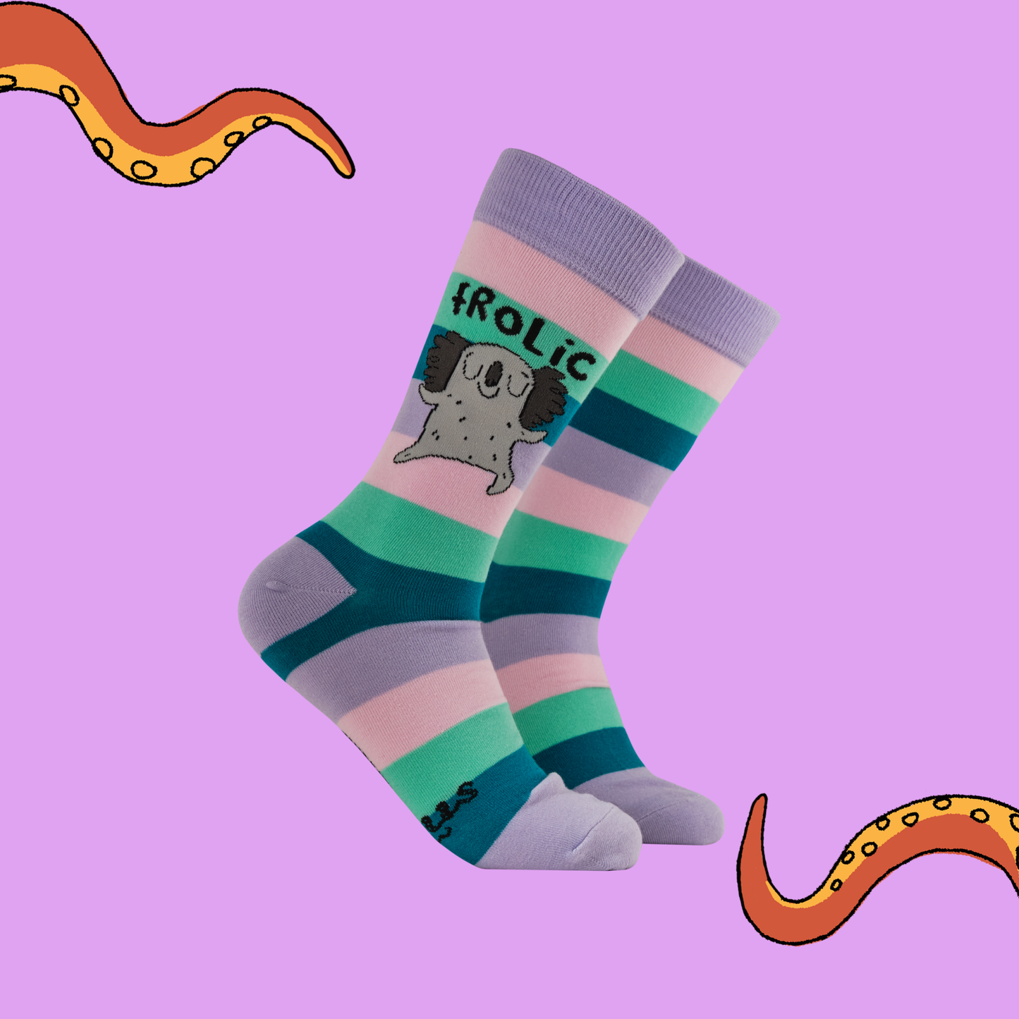 Colorful striped socks with a dog illustration on a purple background