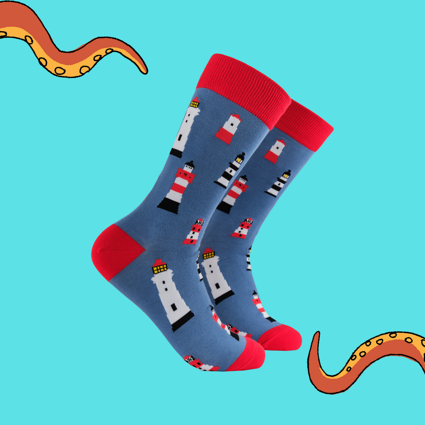  A pair of socks with a lighthouse motif. Blue legs, red heel, toe and cuff. 