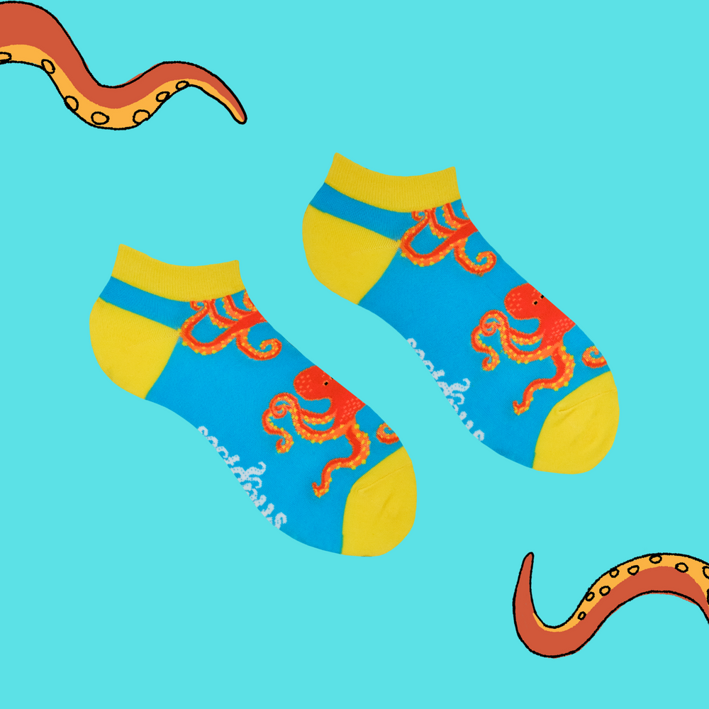 
                      
                        A pair of trainer socks with the soctopus mascot. Blue legs, yellow heel, toe and cuff. 
                      
                    