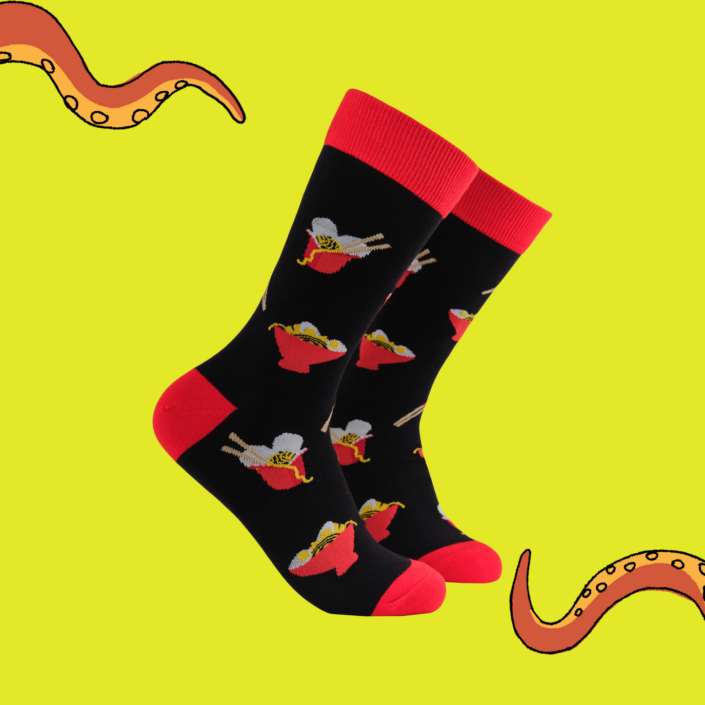 A pair of socks featuring bowls of noodles. Black legs, red heel, toe and cuff. 