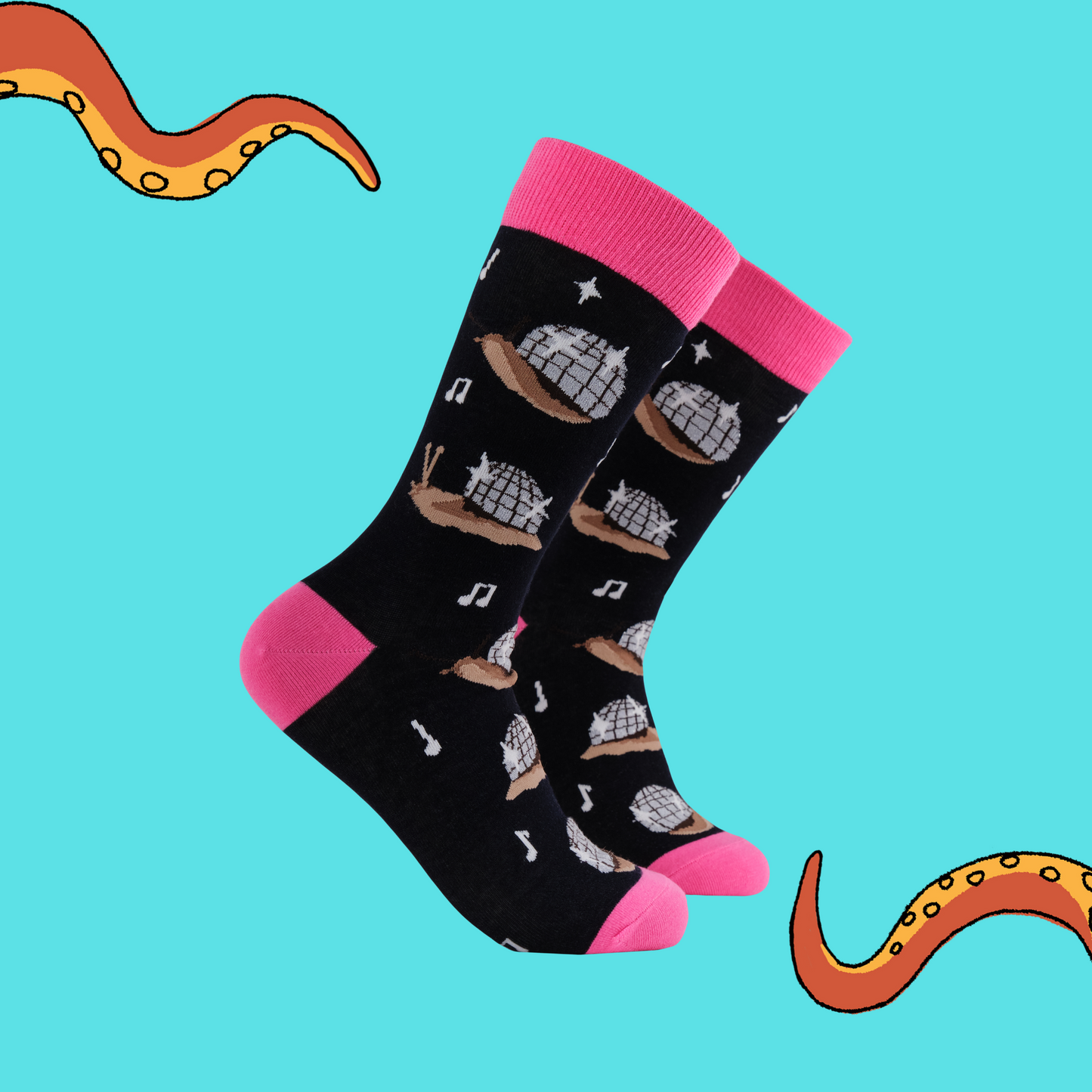 A pair of socks with a disco snail motif. Black legs, hot pink heel, toe and cuff. 