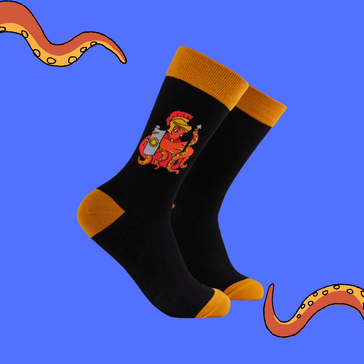 A pair of socks featuring a roman Captain Socktopus. Black legs, gold heel, toe and cuff. 