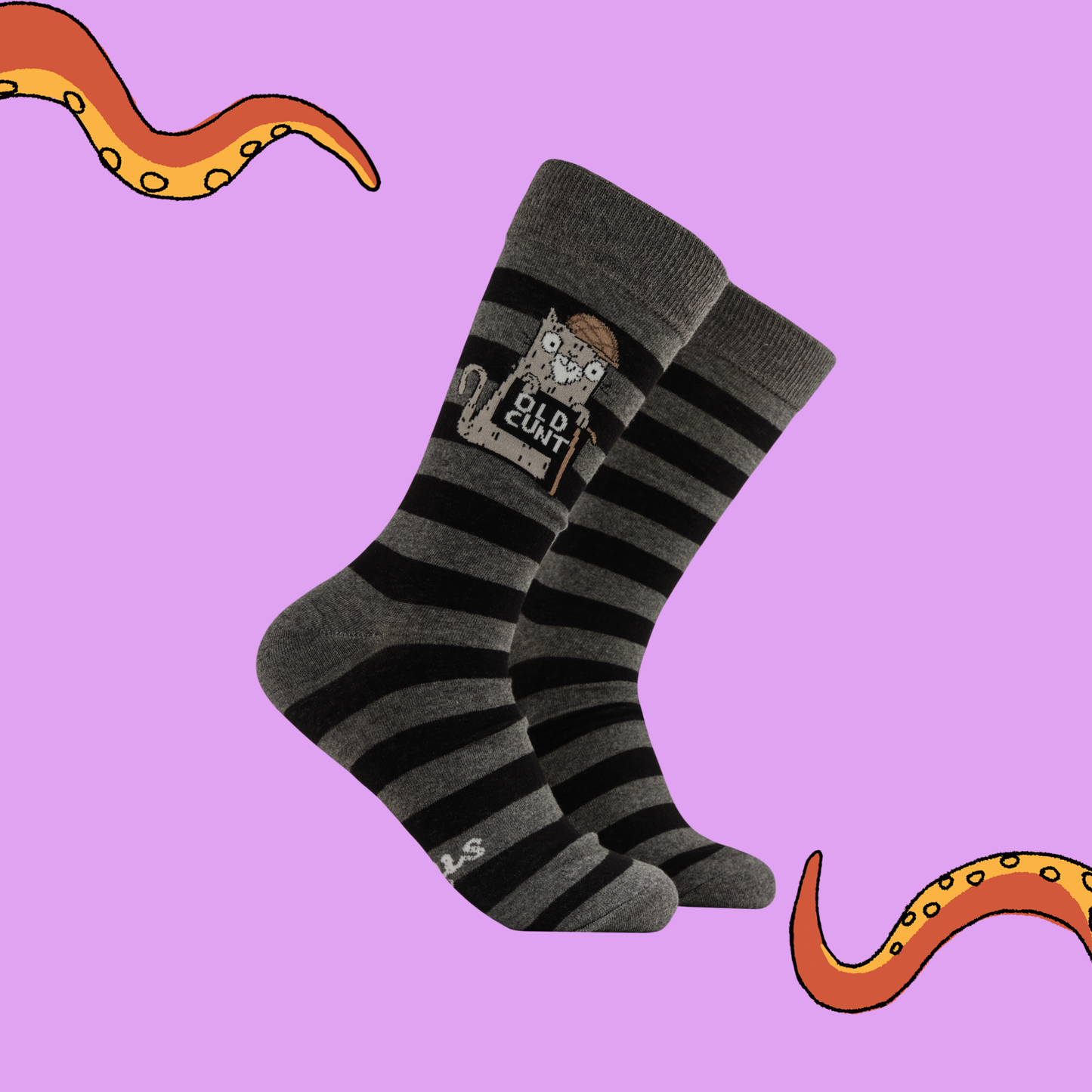 Striped socks with cartoon character on a purple background