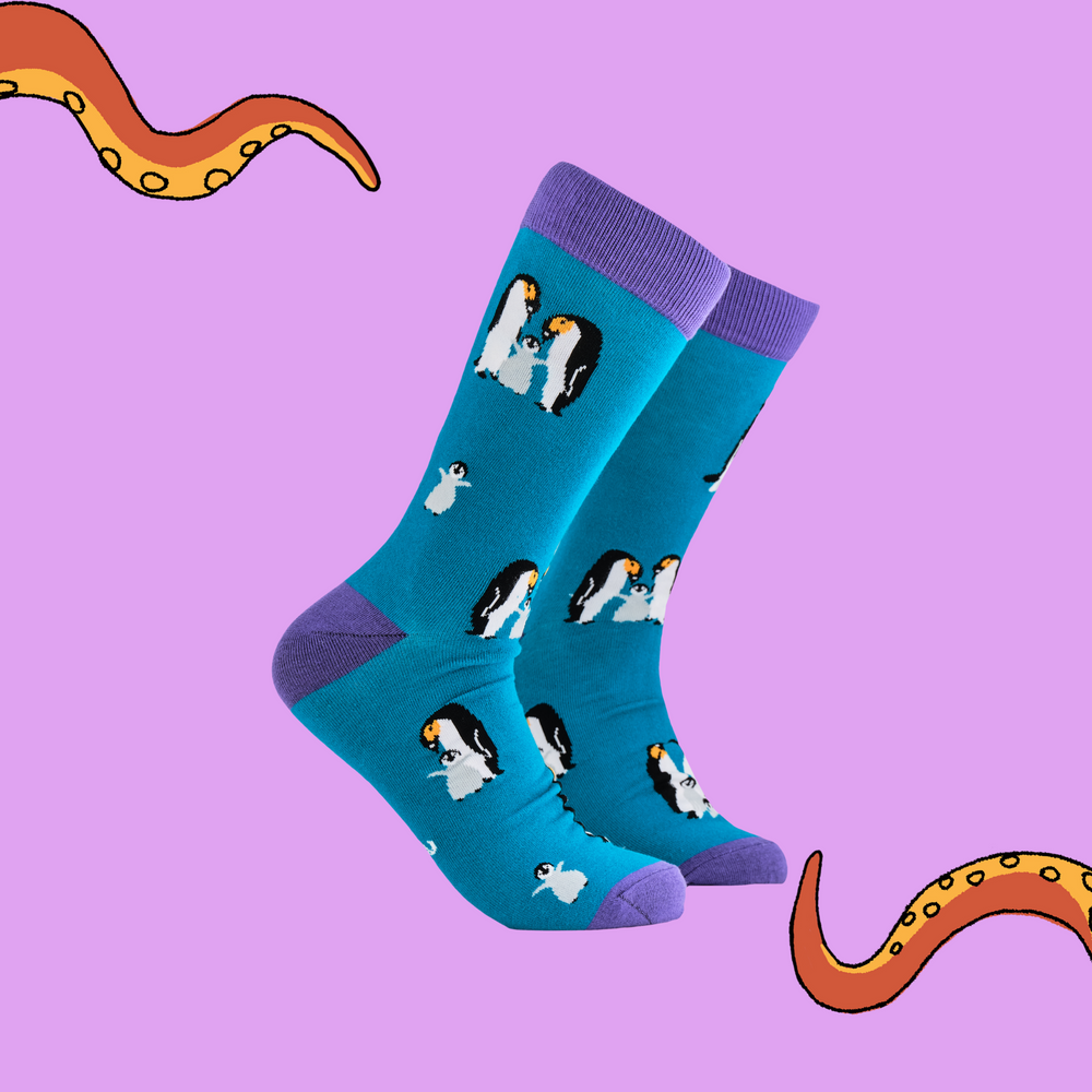 
                      
                        A pair of socks depicting a penguin family. Blue legs, purple cuff, heel and toe.
                      
                    