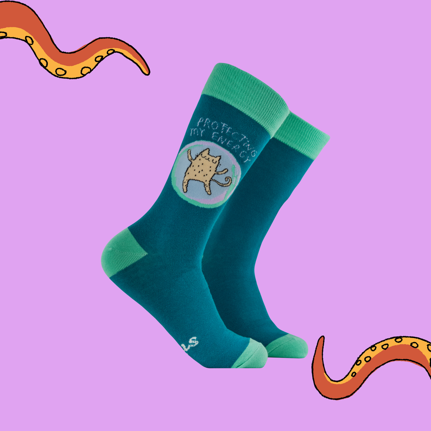 Teal sock with green cuff and heel on a purple background, featuring a cat graphic and text.