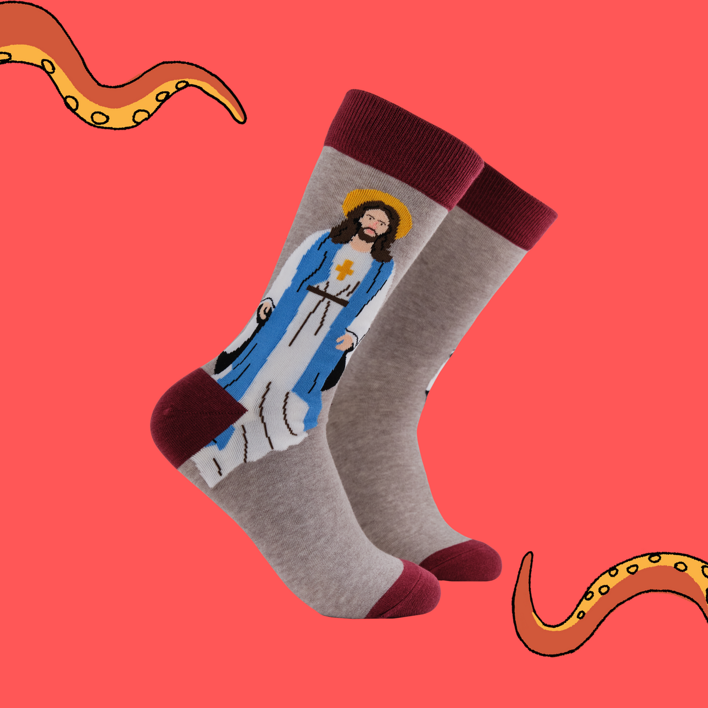 A pair of socks featuring Jesus. Grey legs, brown heel, toe and cuff. 