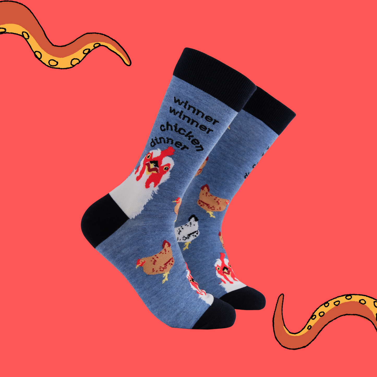 A pair of socks with a winning slogan. Blue legs, black heel, toe and cuff. 