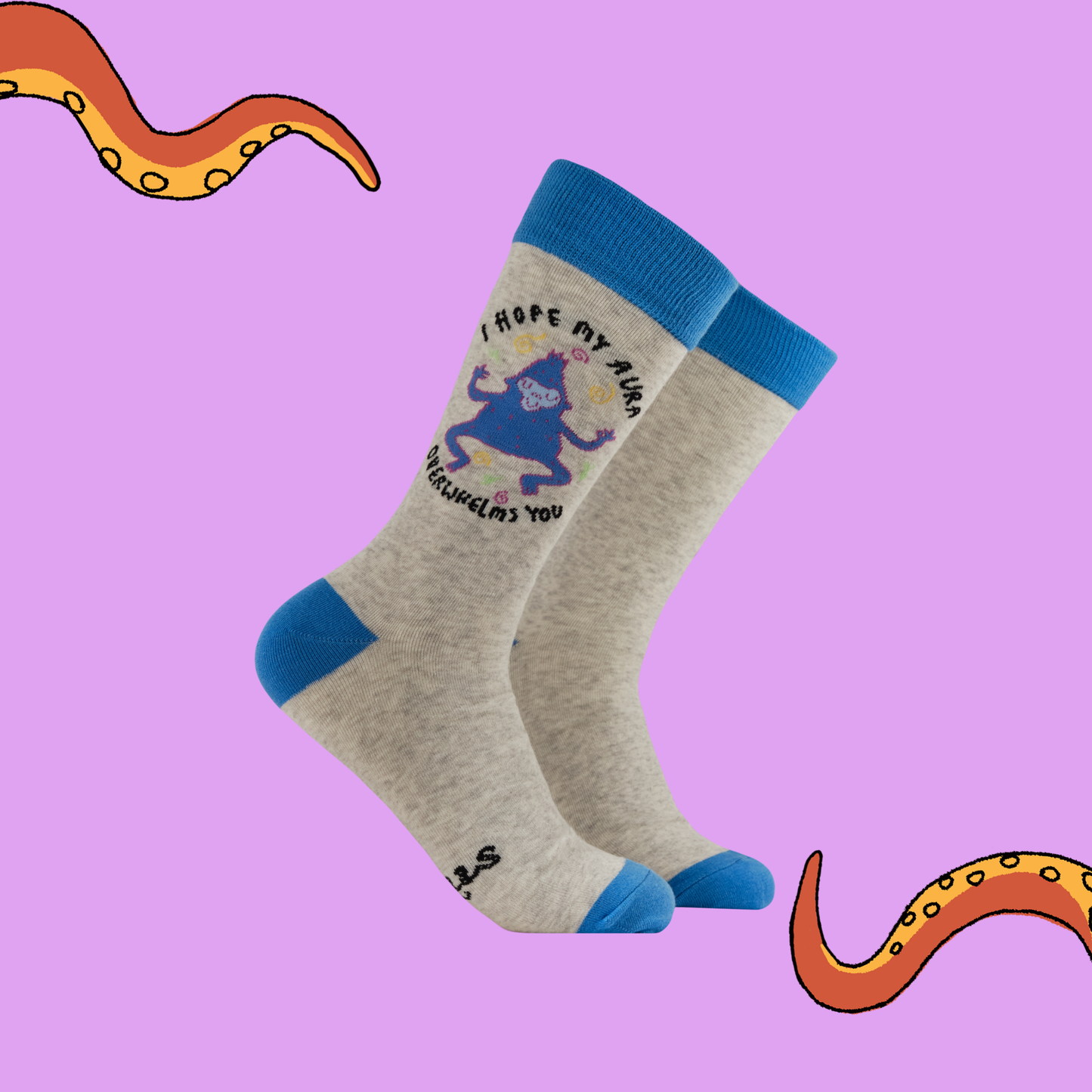 Gray socks with blue accents and a cartoon character on a pink background