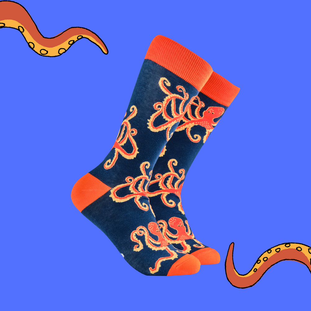 
                      
                        A pair of socks depicting the Socktopus mascot, Captain Socktopus. Blue legs, red cuff, heel and toe.
                      
                    