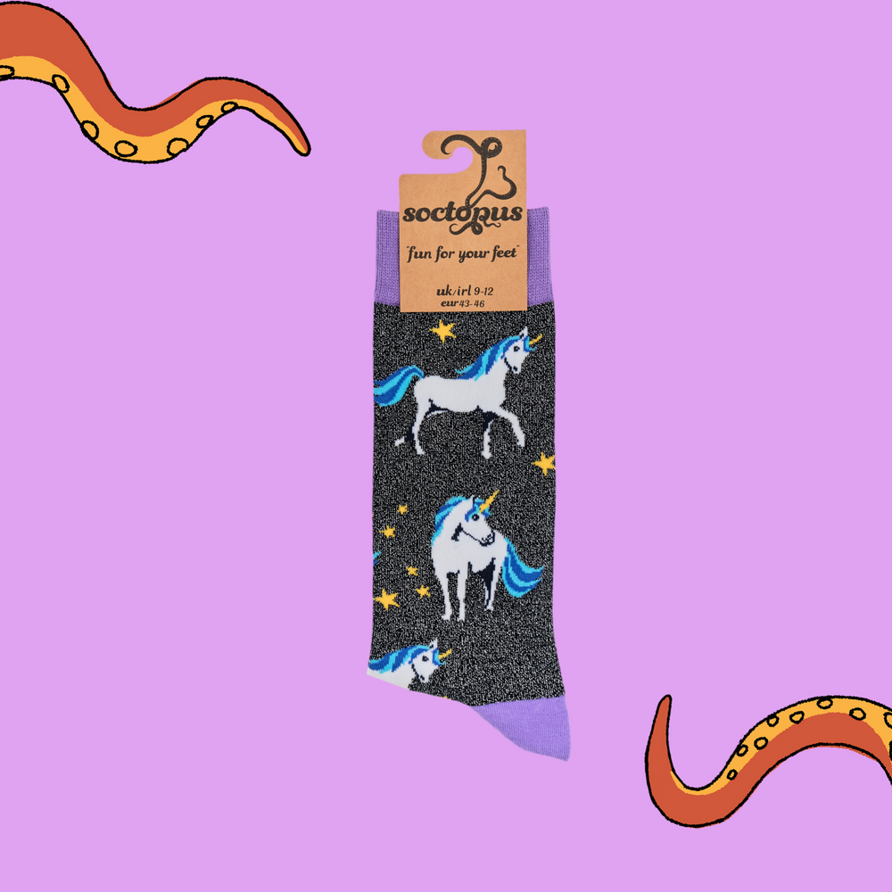 
                      
                        A pair of socks depicting unicorns. Glittery black legs, purple cuff, heel and toe. In Soctopus Packaging.
                      
                    