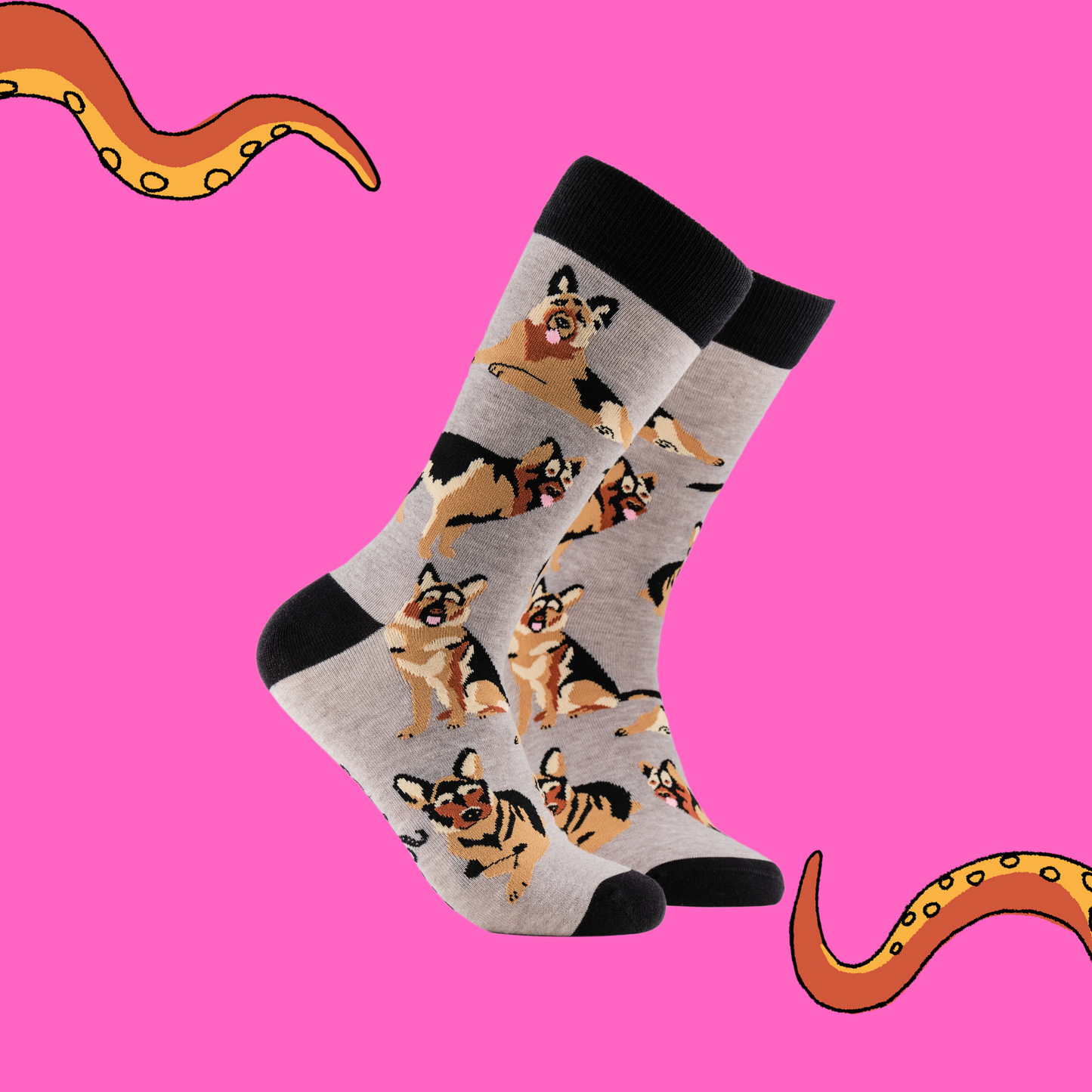A pair of socks depicting German Shepherd dogs. Grey legs, black cuff, heel and toe.