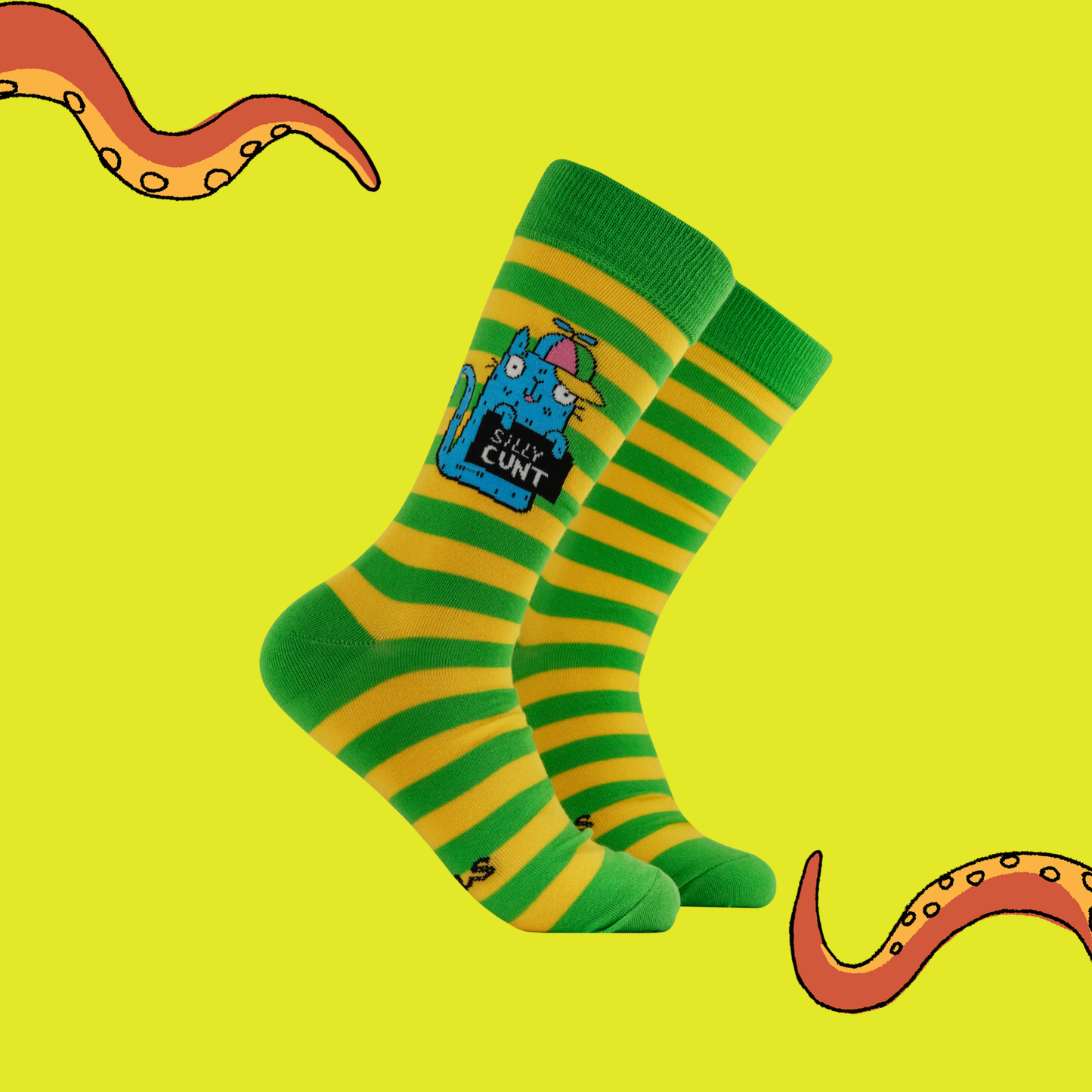 Green and yellow striped socks with a cartoon character on a yellow background
