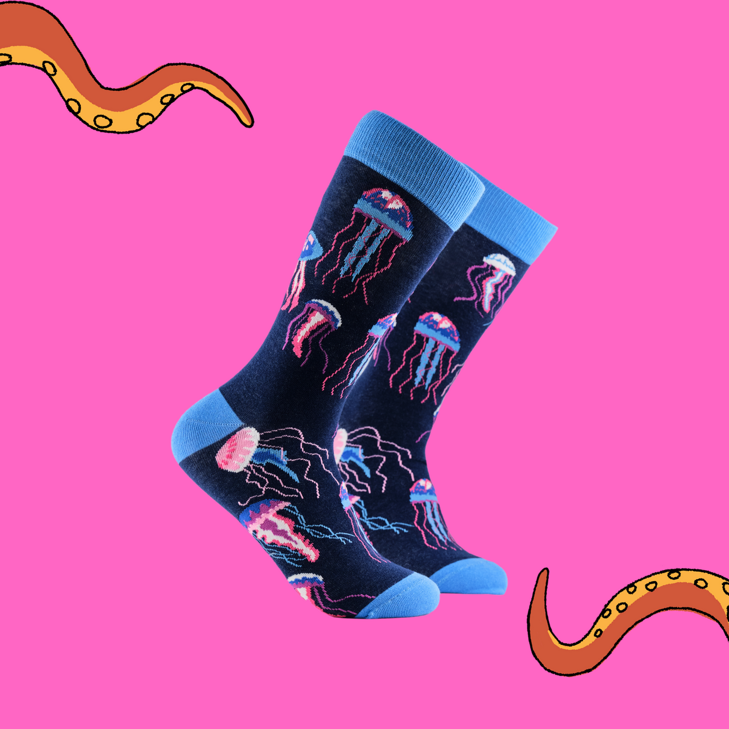 A pair of socks depicting jellyfish. Dark blue legs, light blue cuff, heel and toe.