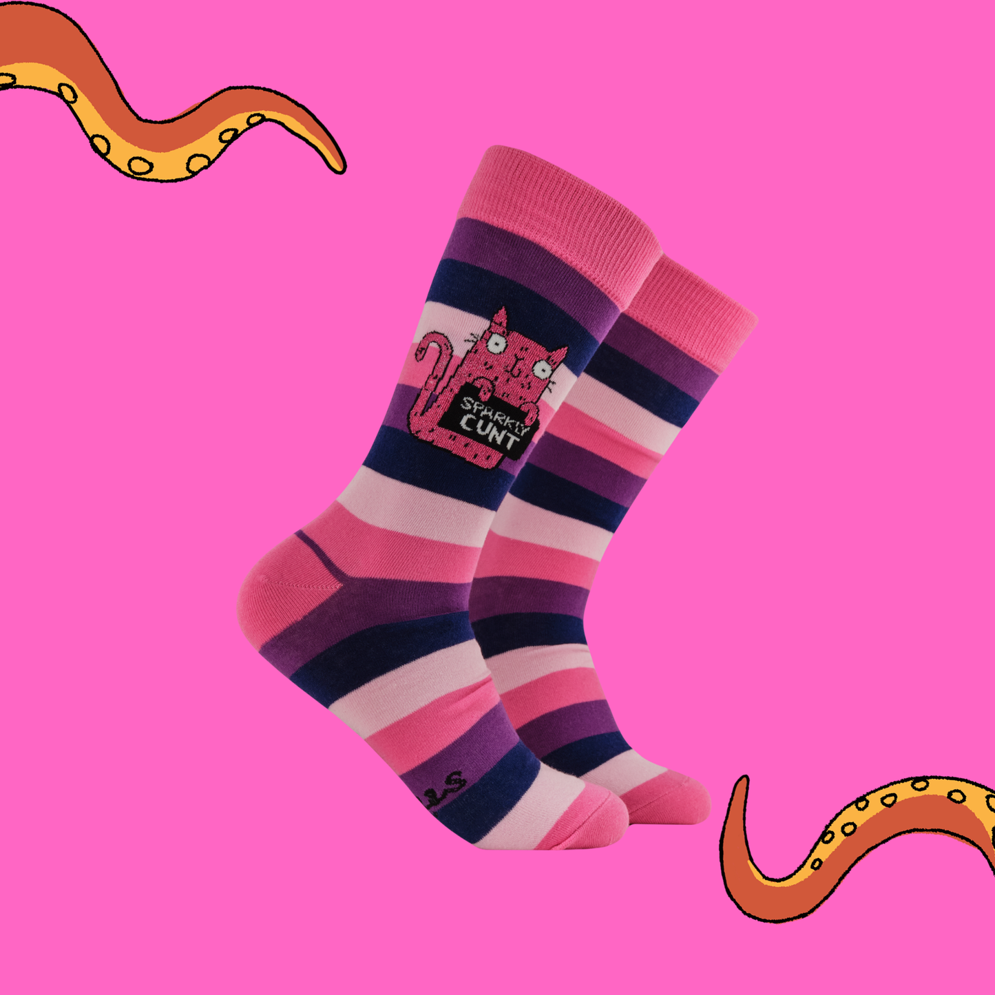 Striped socks with a cat design on a pink background