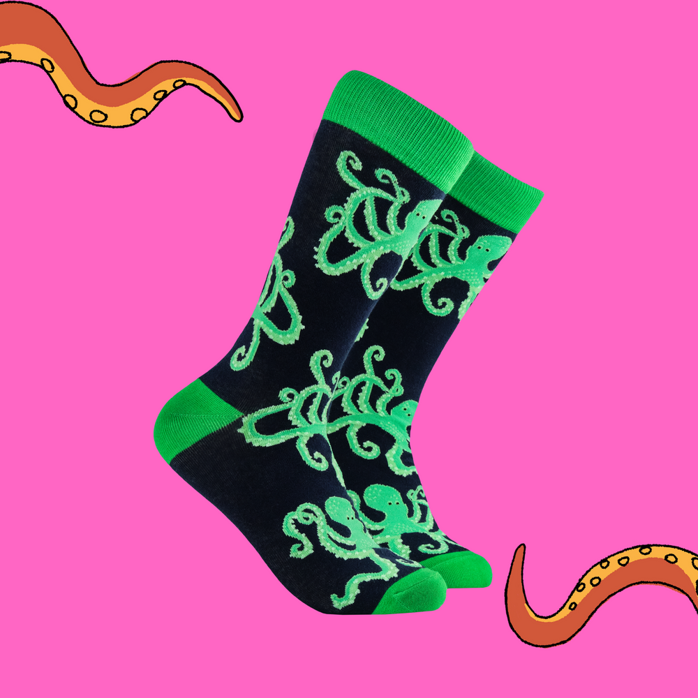 
                      
                        A pair of socks depicting the Socktopus mascot, Captain Socktopus. Blue legs, green cuff, heel and toe.
                      
                    