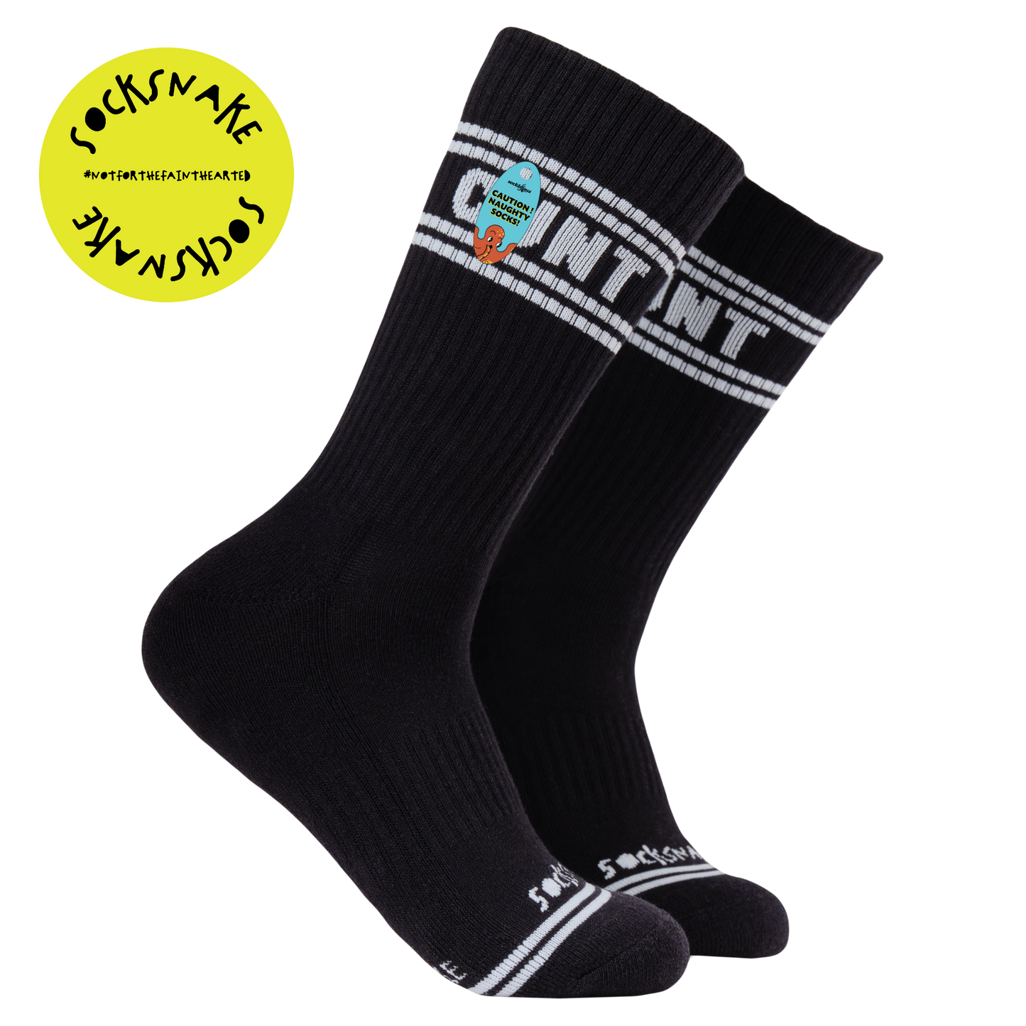 A black pair of athletic socks with white trim on the ankles and toes. A euphemism for the female genitals on the ankle.