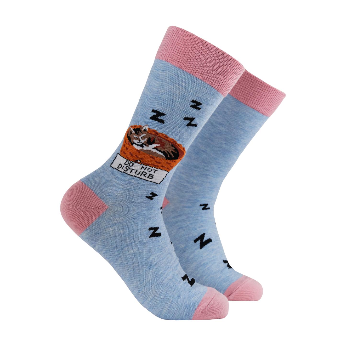 Cat Socks - Cat-Nap. A pair of socks featuring a cat napping in a basket. Blue legs, pink heel, toe and cuff. 
