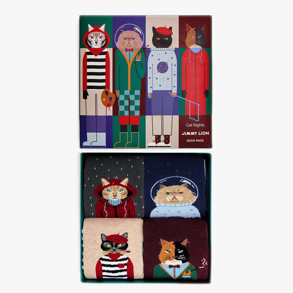 Cat Nights Gift Pack Socks. A gift sety of four pairs of socks featuring all the coolest cats! 