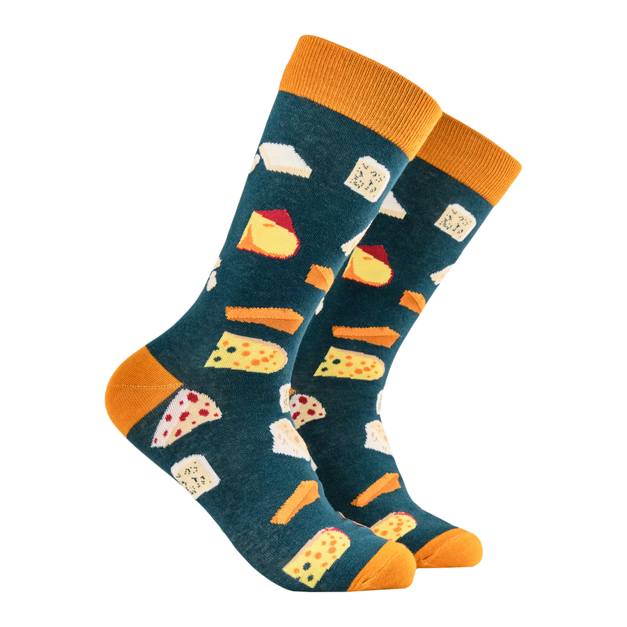 Cheesy Feet Socks. A pair of socks featuring various varieties of cheese. Dark green legs. Yellow heel toe and cuff.