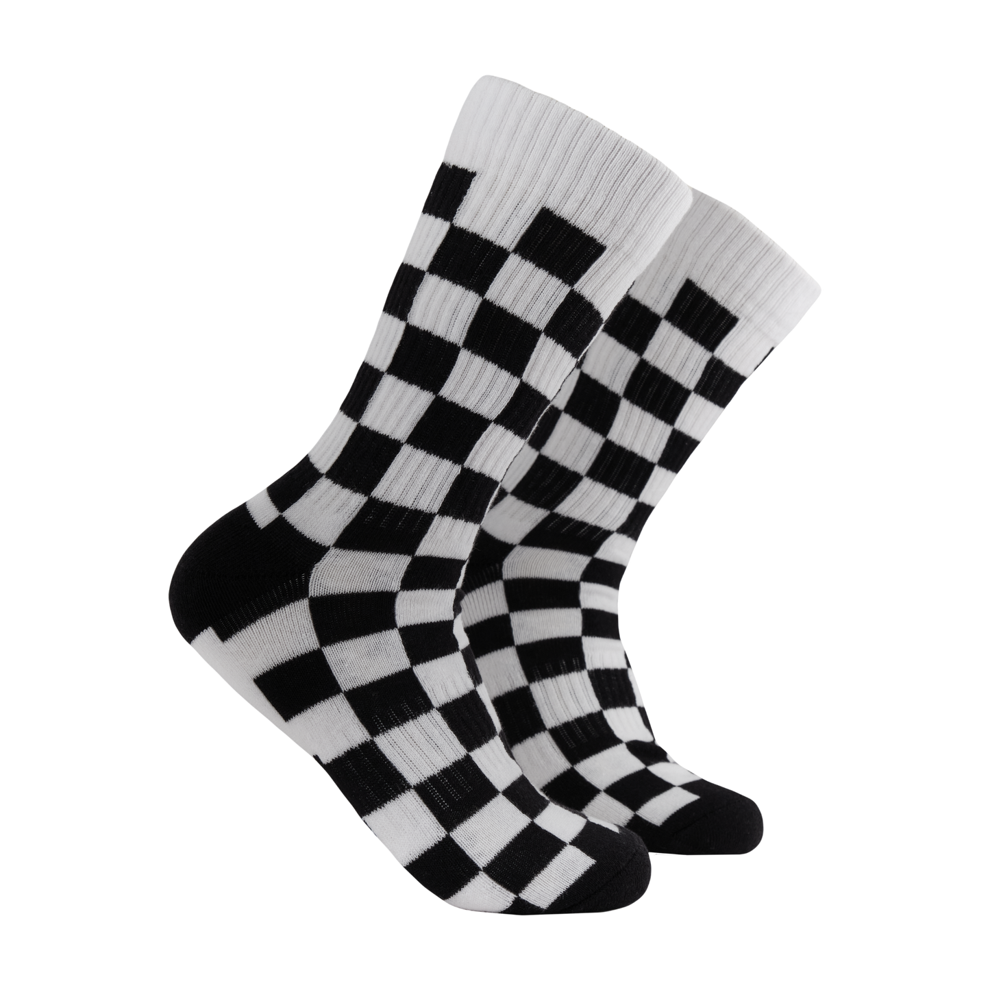 Cheque Me Out Athletic Socks. A pair of socks with a black and white checkered pattern. 