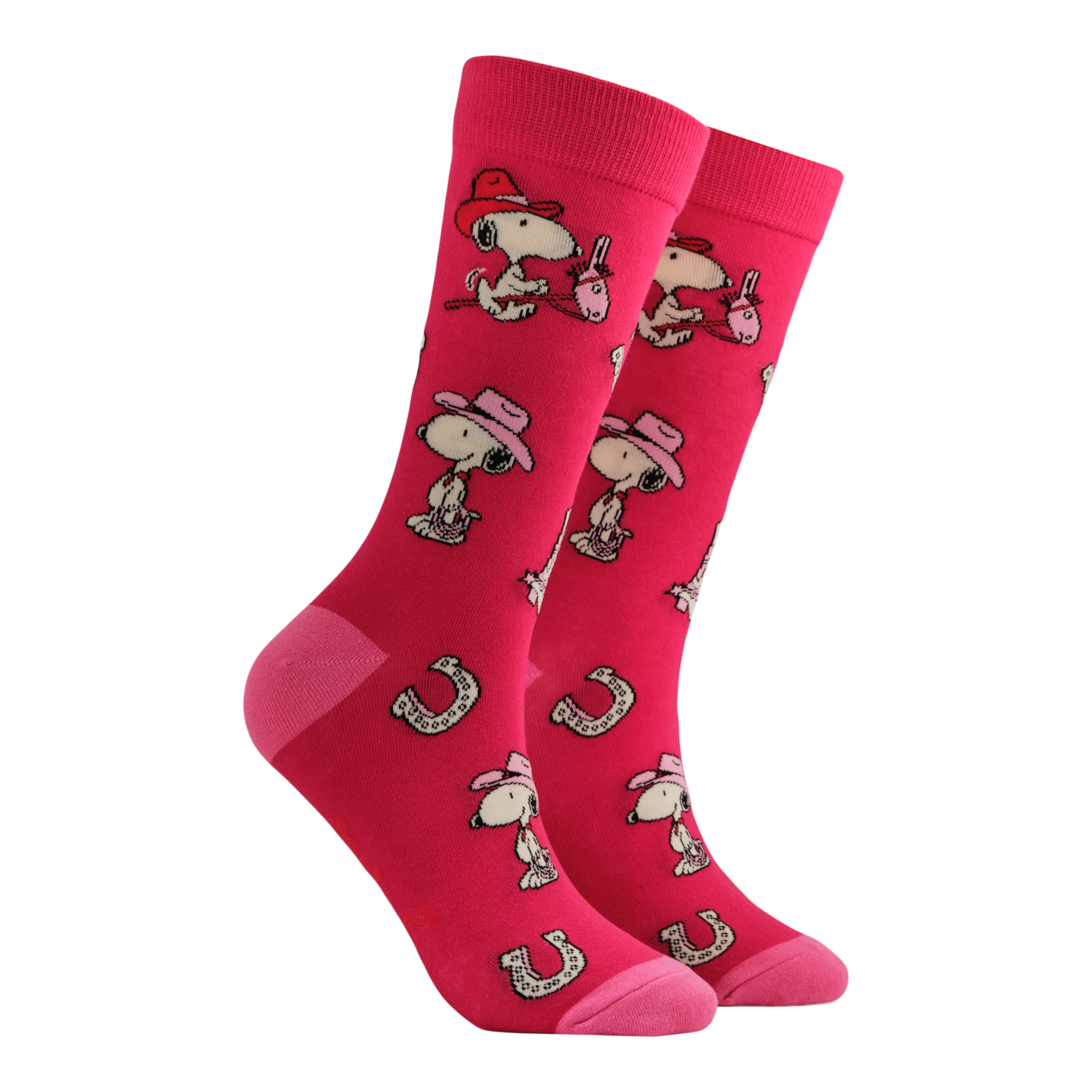 Red socks with a snoopy and horseshoe pattern. 