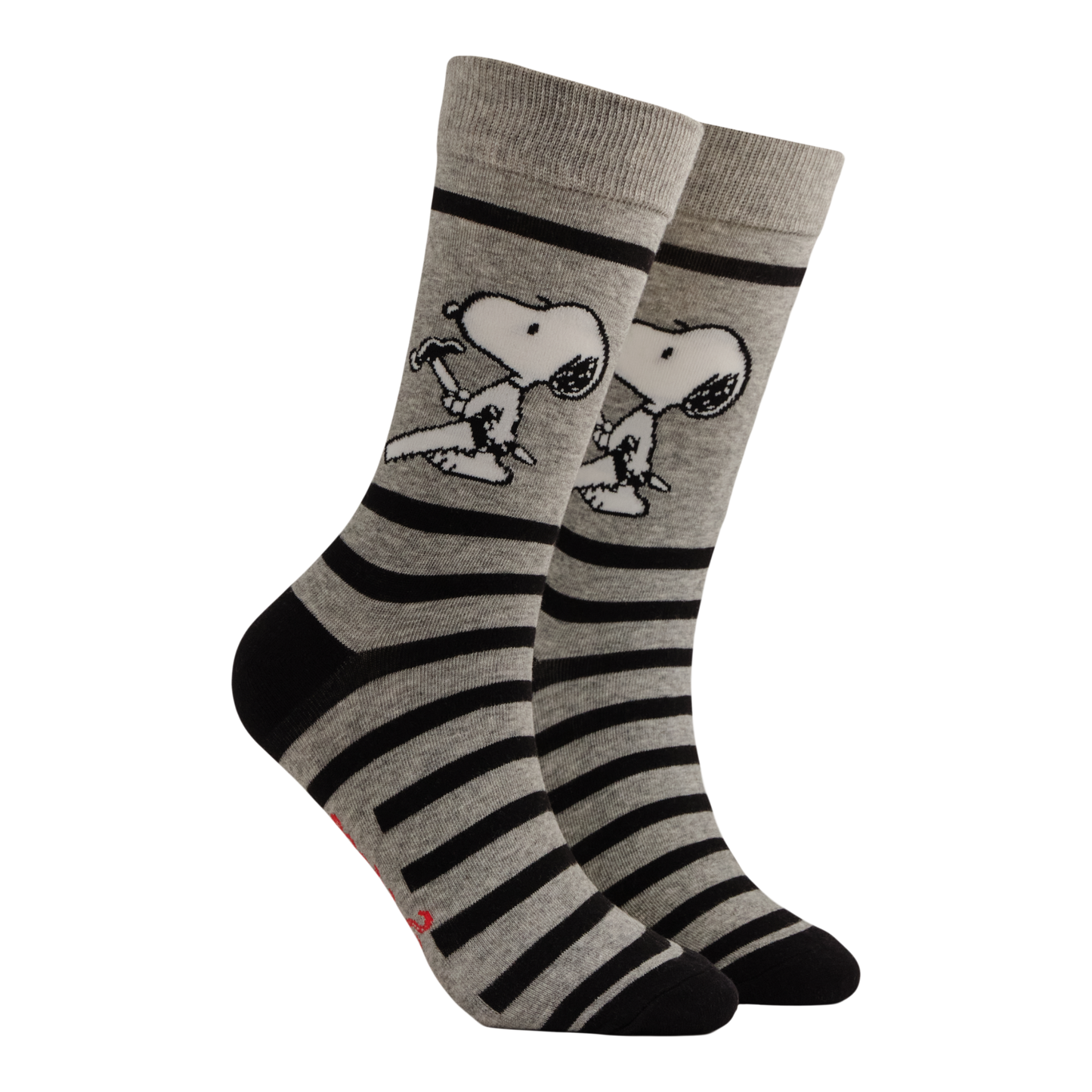 Grey socks with black and white stripes and snoopy doing DIY. 