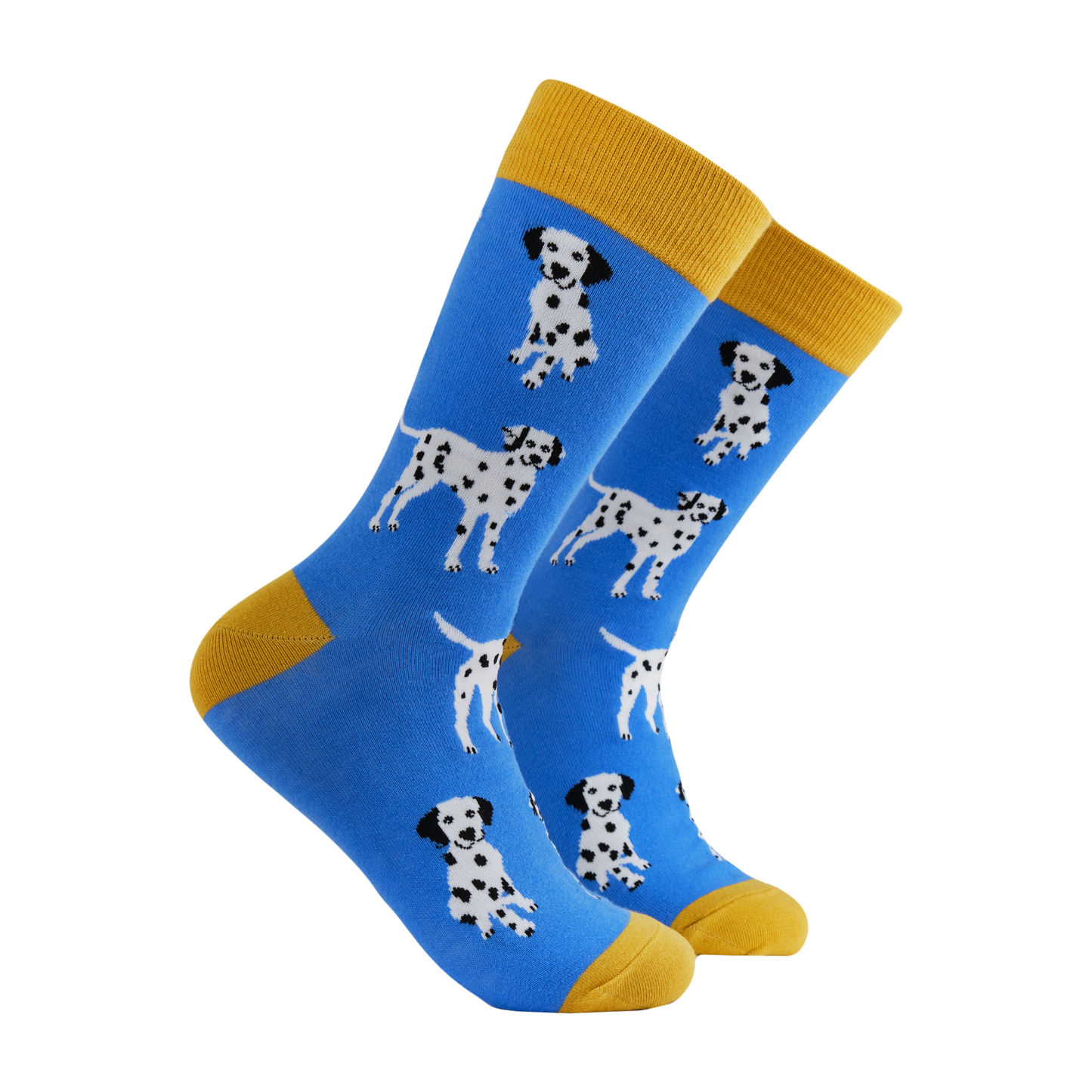 Dalmatian Nation Socks. A pair of socks with a dalmatian motif. Blue legs, yellow heel, toe and cuff. 